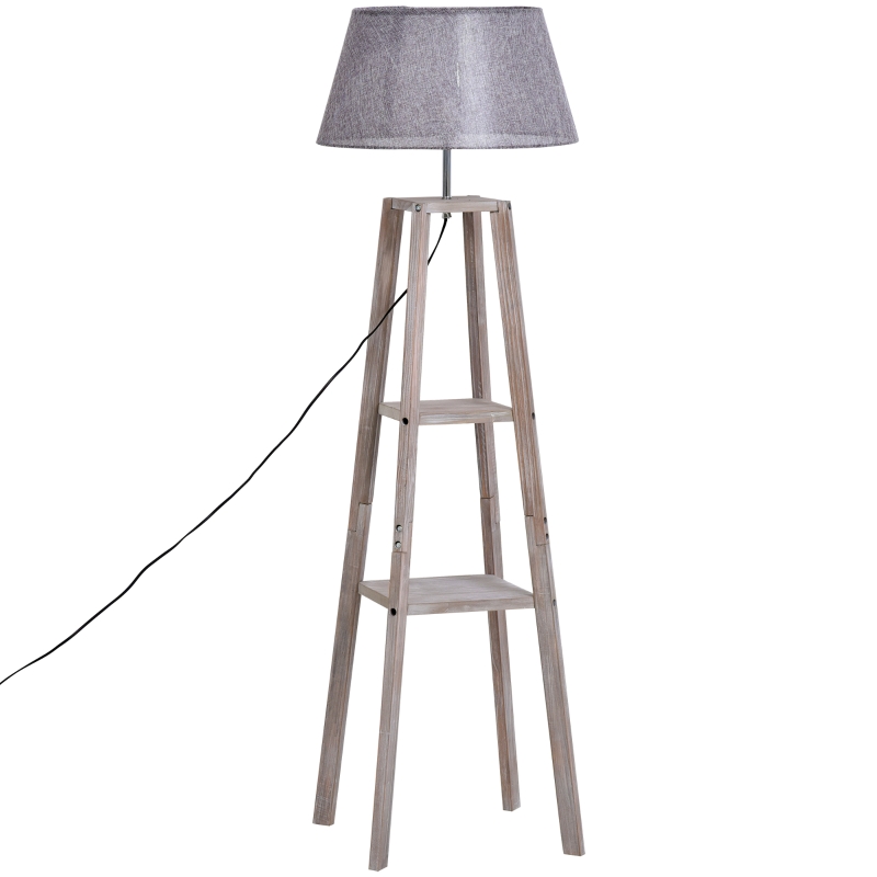 HOMCOM Stehlampe mit Regal, Skandinavische Standleuchte, Lampe, Leinen, Kiefernholz, Natur, Grau, 45 x 45 x 148 cm