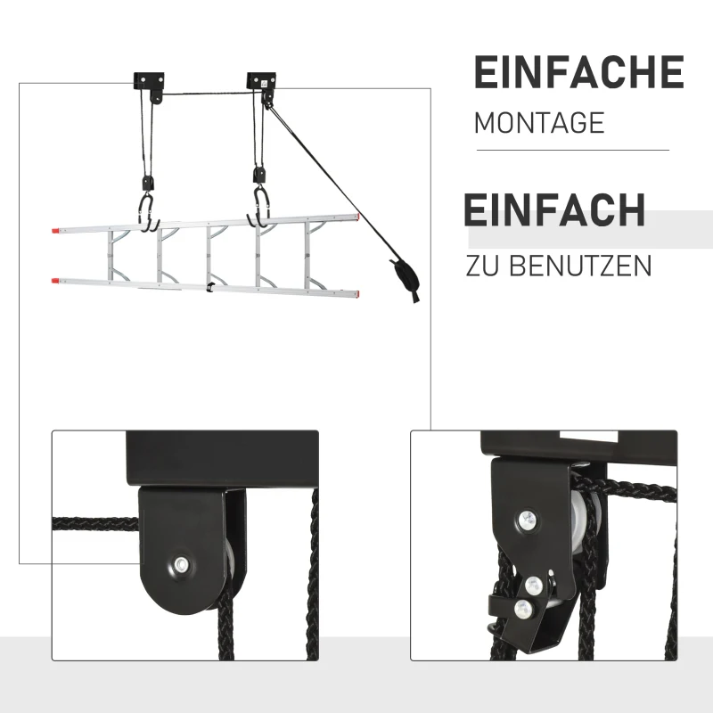 HOMCOM Kajak Lift Decken Lift Fahrrad-Bike Lift Aufbewahrungssystem für Kanus bis 50 kg Deckenhalterung Mehrzweck Stahl PP Schwarz 12,3 x 16 cm