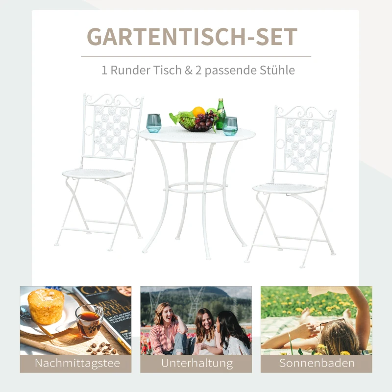 Outsunny Sitzgruppe, 3-teilige Essgruppe, Gartenmöbel-Set, 1 Tisch+2 Stühle, rund Tisch, Terrasse, Metall, Weiß, Ø70,5 x H71,5 cm