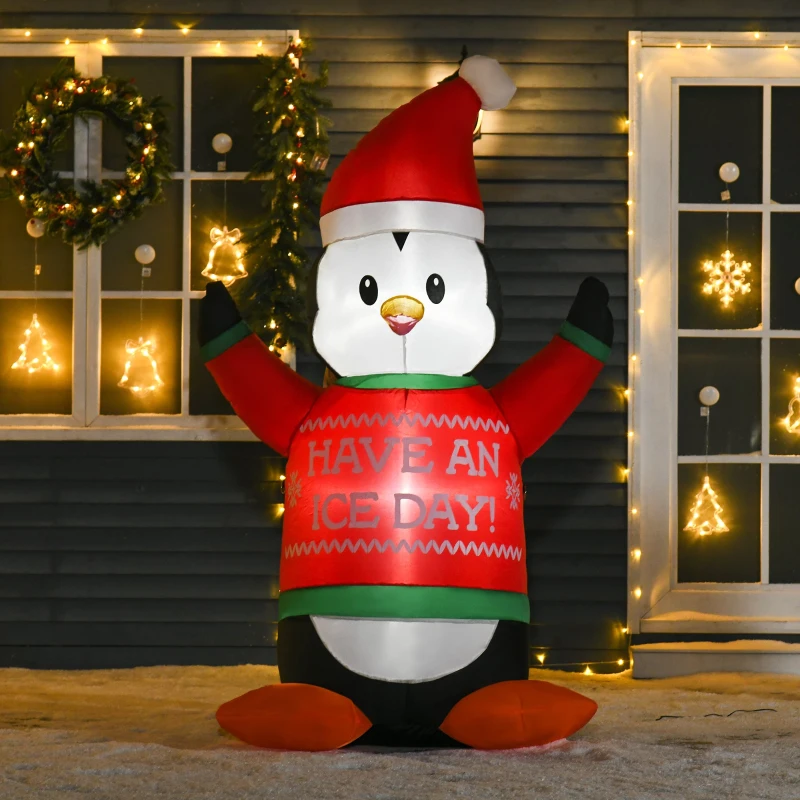 HOMCOM Aufblasbare Pinguin-Figur 1,88 m Weihnachtsdekoration mit Lichtern Weihnachten Dekoration automatisches Aufblasen wetterfest Polyester Weiß+Schwarz+Rot+Grün 112 x 93 x 188 cm