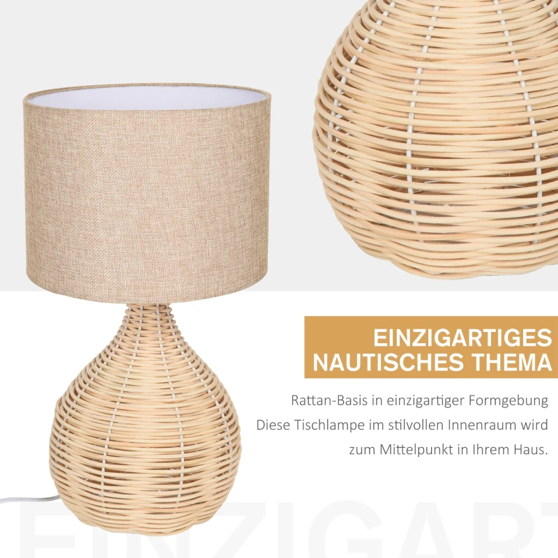 HOMCOM Tischlampe Tischleuchte E27-Fassung Nachttischlampe 40 W Rattan Leinen Stahl Beige 22 x 22 x 40 cm
