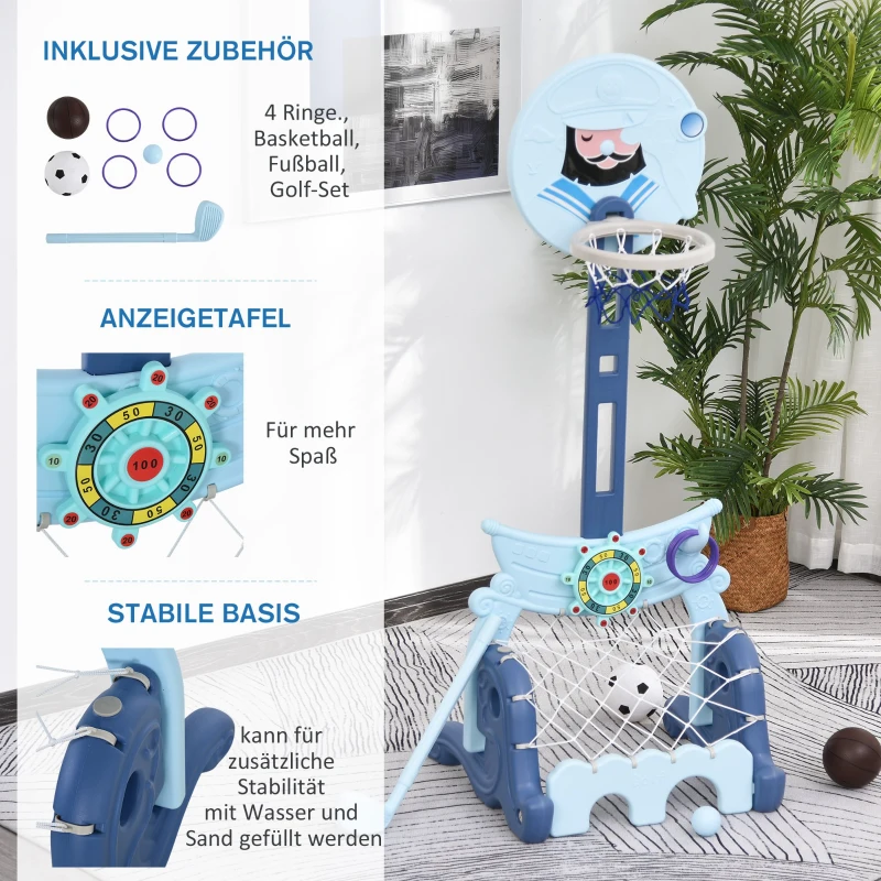 HOMCOM basketbalstandaard set 4-in-1 kinderspeeltuin voetbalspel / golfspel blauw
