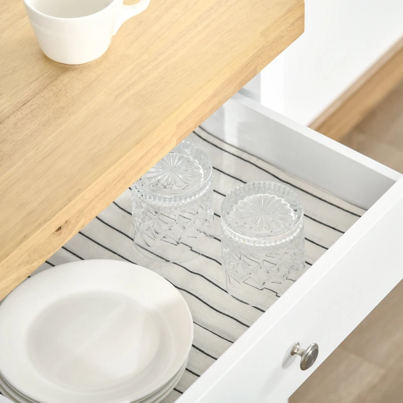 HOMCOM Küchenwagen Küchenrollwagen Servierwagen mit einer Schublade geschlossenen Schrank Regalboden und Handtuchhalter 4 Lenkrollen MDF Gummiholz Weiß+Eiche 63,5 x 40 x 90 cm