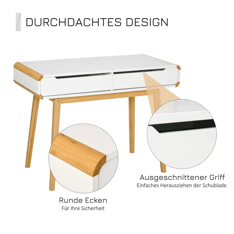 HOMCOM Schreibtisch Computertisch Bürotisch mit 2 Schubladen natürliches Design MDF Bambus Weiß+Natur 100 x 45 x 73 cm