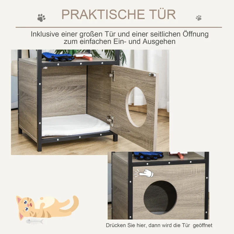 PawHut Katzenhaus mit Tür Katze Schrank Katzenhöhle Katzentoilette Beistelltisch waschbare Kissen Grau Spanplatte Metall Plüsch 48 x 40 x 64,5 cm