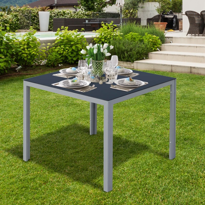 Outsunny® Gartentisch mit Glasplatte | Aluminium, Sicherheitsglas | Schwarz, Silber | 87 x 87 cm