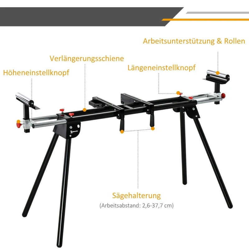 DURHAND Untergestell für Kappsägen Arbeitstisch für Kapp- und Gehrungssägen zusammenklappbarer bis 150 kg belastbar einstellbare Höhe Stahl Schwarz+Rot Seitenverlängerung 129-213 x 64 x 89-102 cm