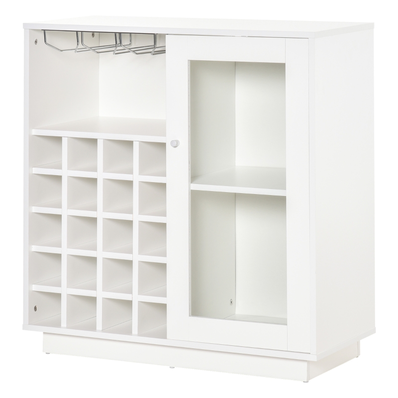 HOMCOM Weinschrank mit Gläserhalterung 20-Flaschen-Weinregal mit 3 Haken Flaschenständer mit Glastür Anti-Kipp-Design Spanplatte Hartholz Weiß 80 x 36 x 85 cm