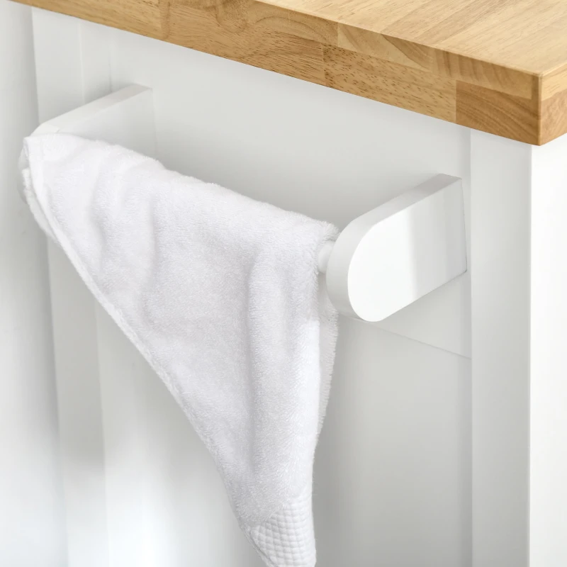 HOMCOM Küchenwagen Küchenrollwagen Servierwagen mit einer Schublade geschlossenen Schrank Regalboden und Handtuchhalter 4 Lenkrollen MDF Gummiholz Weiß+Eiche 63,5 x 40 x 90 cm