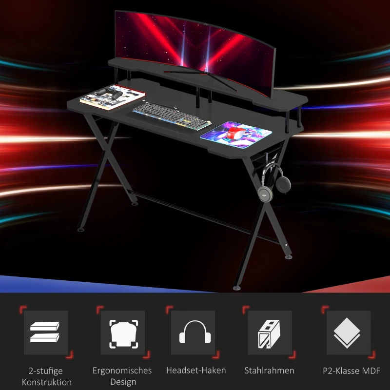 HOMCOM Gamingtafel bureau met koptelefoonhaak computertafel staal + MDF zwart