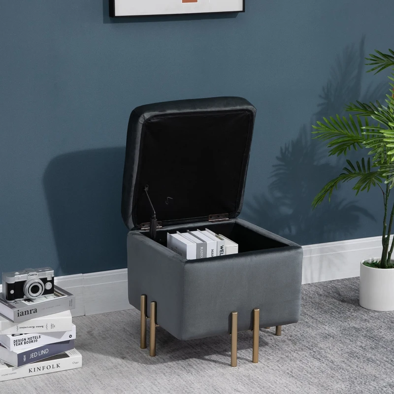 HOMCOM Luxe poef krukje met opbergruimte gepolsterd krukje donkergrijs