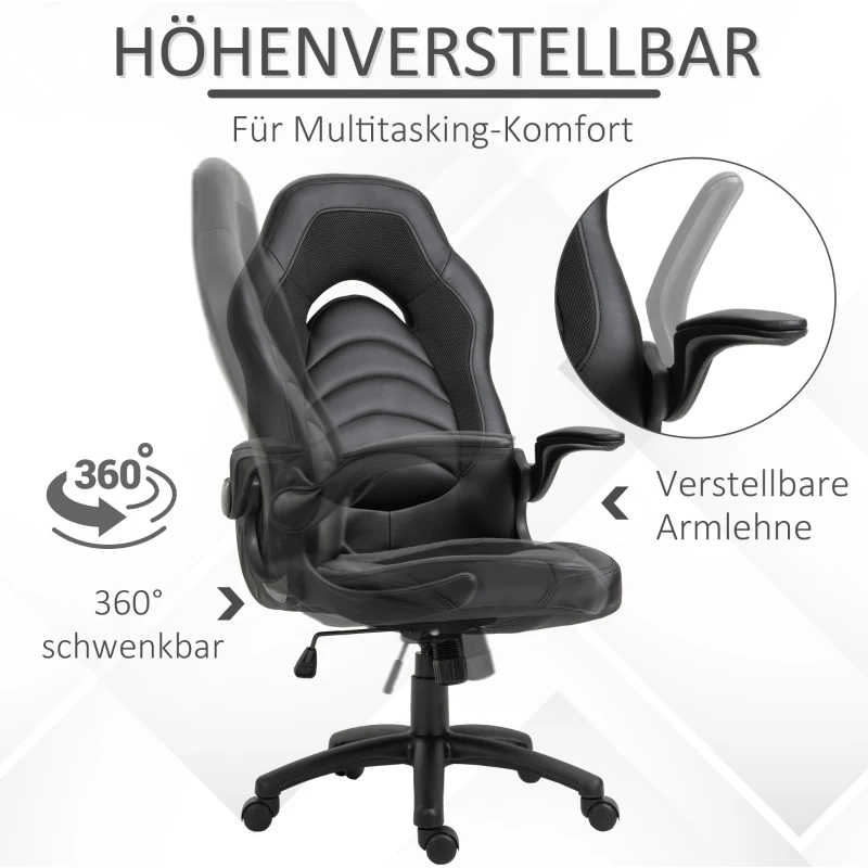Vinsetto Gamingstuhl mit Wippfunktion höhenverstellbarer Bürostuhl ergonomischer Schreibtischstuhl Home-Office Schaumstoff Kunstleder Nylon Mesh Schwarz 64 x 68,5 x 117-127 cm