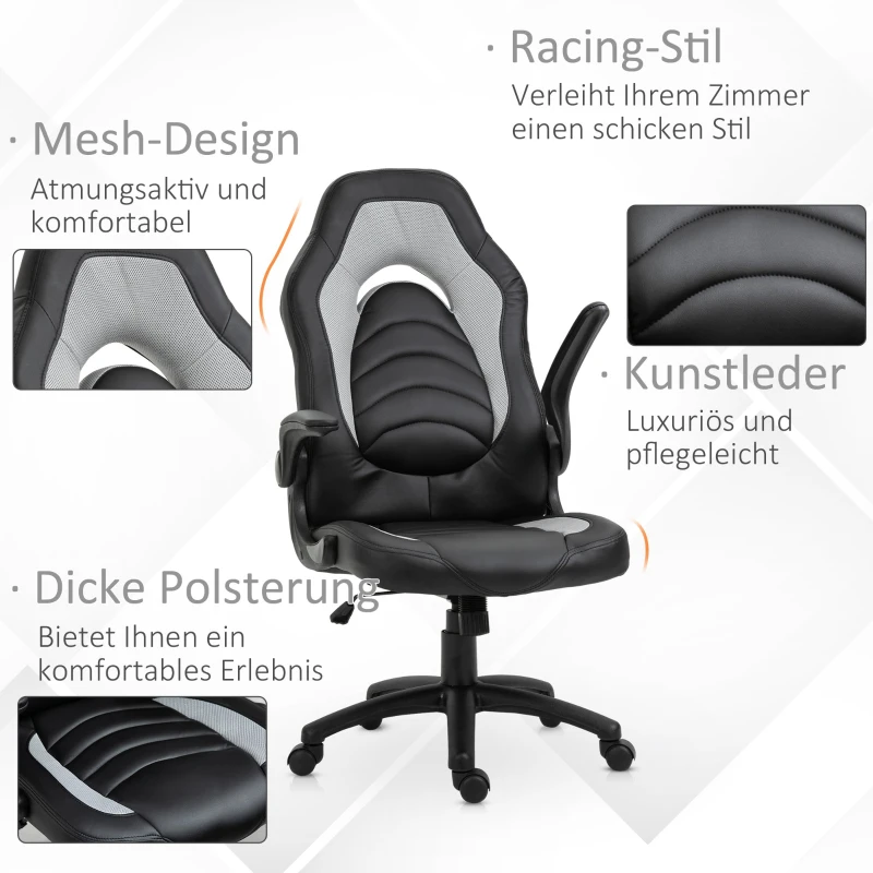 Vinsetto Gamingstuhl mit Wippfunktion höhenverstellbarer Bürostuhl ergonomischer Schreibtischstuhl Home-Office Schaumstoff Kunstleder Nylon Mesh Grau 64 x 68,5 x 117-127 cm
