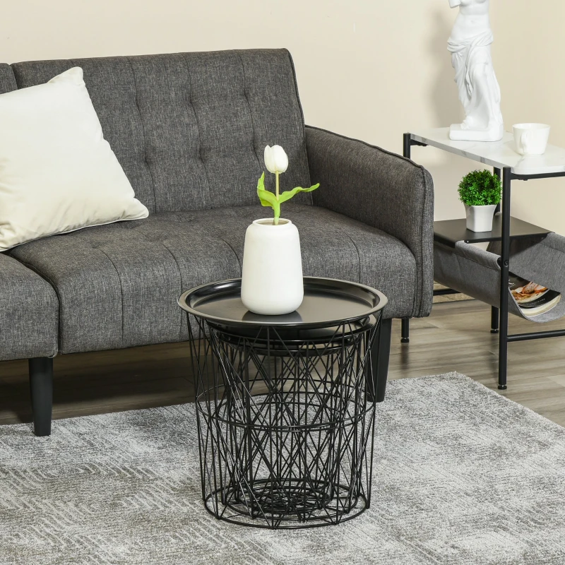 HOMCOM set van 3 bijzettafel met opbergruimte nachtkastje decoratieve salontafel met afneembaar deksel mandtafel koffietafel staal zwart Ø 43 x 44,5 cm / Ø 35 x 39,5 cm / Ø 30 x 35,5 cm