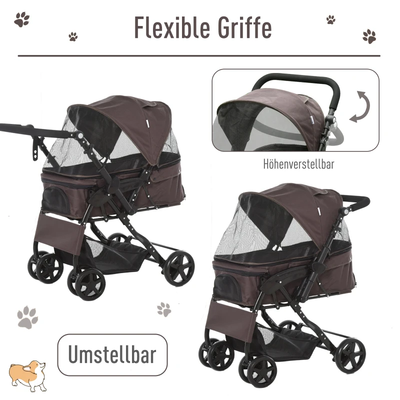 PawHut Hundewagen Hundebuggy Katzenbuggy mit vier Rädern klappbar Hunde Katze Oxford Braun 97 x 62 x 105 cm