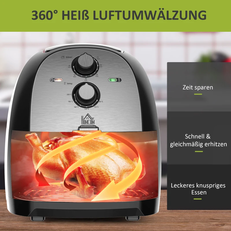 HOMCOM Luftfritteuse Frittierkorb 5L 1700W Heißluftfritteuse zum Frittieren Grillen Braten Backen ohne Fett PP Aluminium Silber+Schwarz 38,5 x 30,7 x 33,1 cm