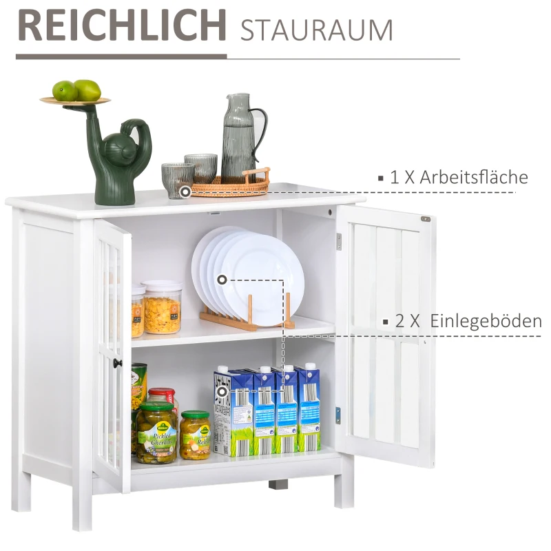 HOMCOM Küchenschrank Geschirrschrank Beistellschrank mit 2 Schichten Buffet Vitrinenschrank Glastür MDF Weiß  80 x 36,5 x 76 cm