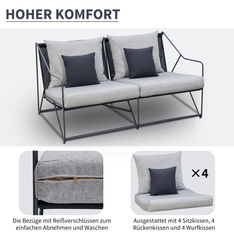 Outsunny Gartengarnitur für 4 Personen Gartenmöbel-Set mit Couchtisch Sofa mit Kissen Outdoor Metall Grau+Schwarz