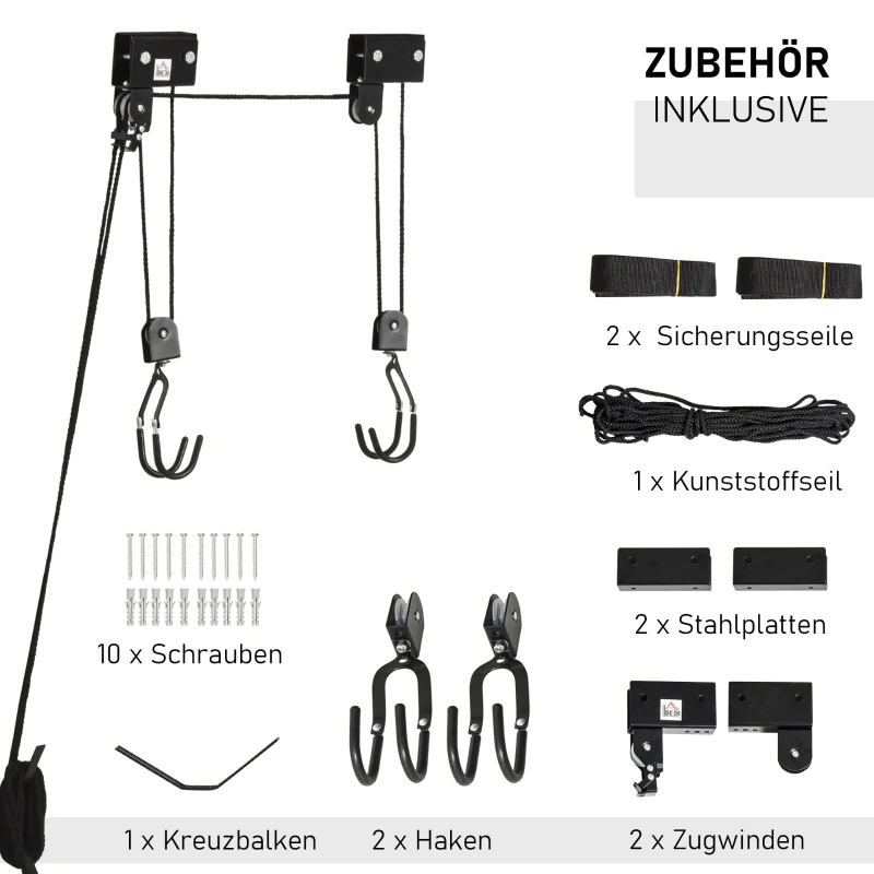 HOMCOM Kajak Lift Decken Lift Fahrrad-Bike Lift Aufbewahrungssystem für Kanus bis 50 kg Deckenhalterung Mehrzweck Stahl PP Schwarz 12,3 x 16 cm