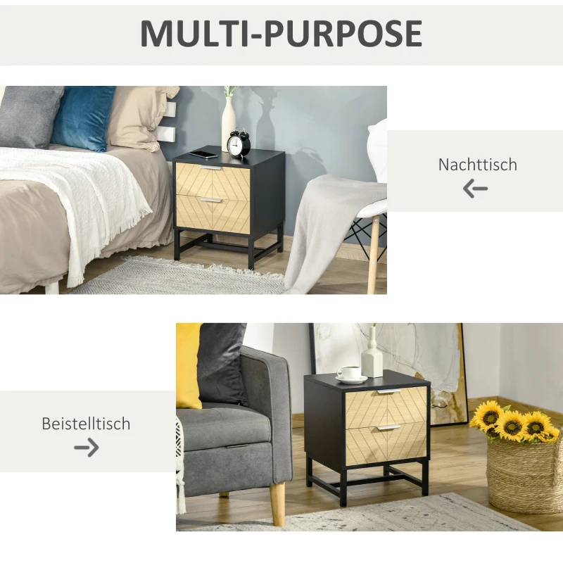 HOMCOM Nachttisch Nachtkommode mit 2 Schubladen Beistelltisch Nachtschrank Sofatisch Schwarz+Natur 40 x 36 x 48,5 cm