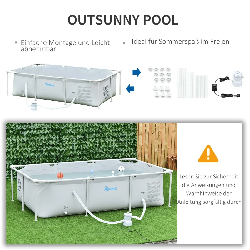 Outsunny Rahmenpool mit Schlauch Draht Swimmingpool Schwimmbad Ablassventil für sauberen Wasser 1000D PVC Stahl Grau 252 x 152 x 65 cm