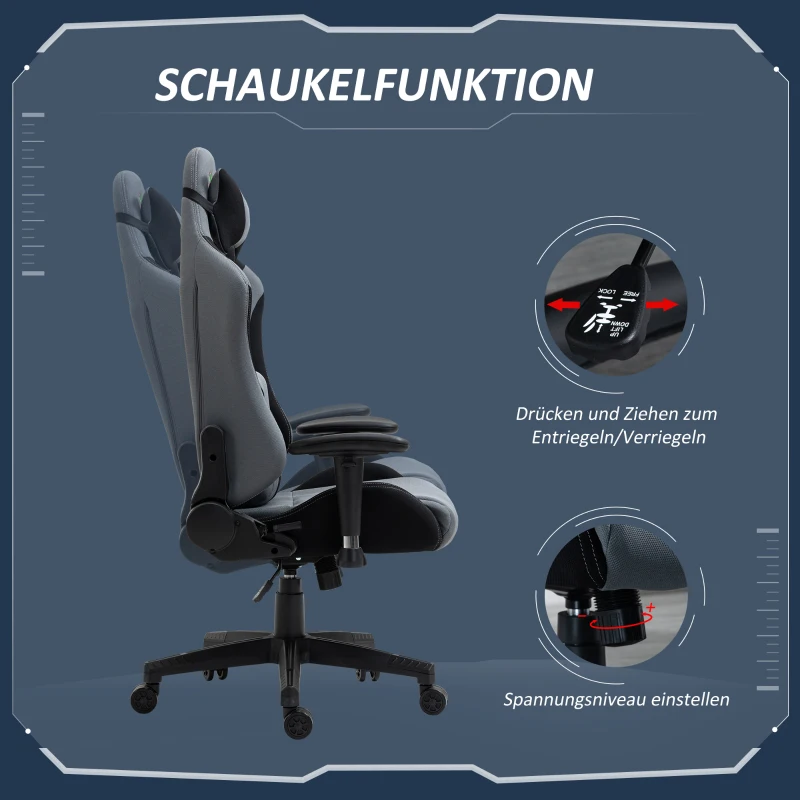 Vinsetto Gaming Stuhl Ergonomischer Bürostuhl Computerstuhl Drehstuhl mit Kissen und Rückenlehne verstellbar Schaumstoff Spandex-Gewebe Schwarz+Dunkelgrau 70 x 75 x 124-132 cm
