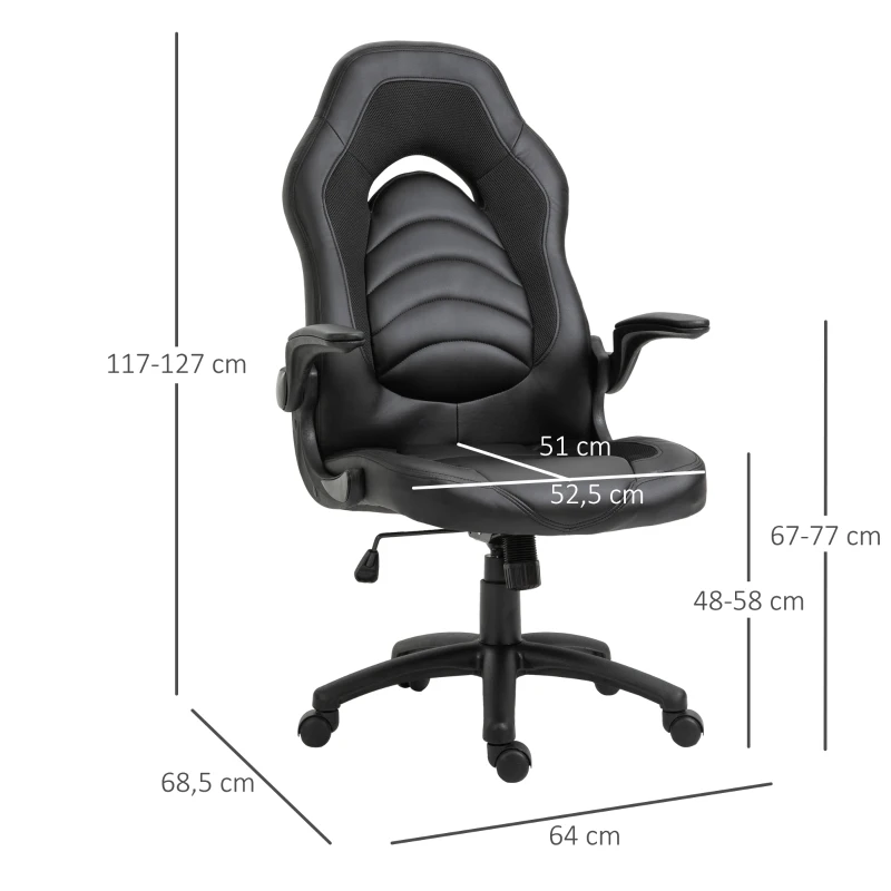 Vinsetto Gamingstuhl mit Wippfunktion höhenverstellbarer Bürostuhl ergonomischer Schreibtischstuhl Home-Office Schaumstoff Kunstleder Nylon Mesh Schwarz 64 x 68,5 x 117-127 cm