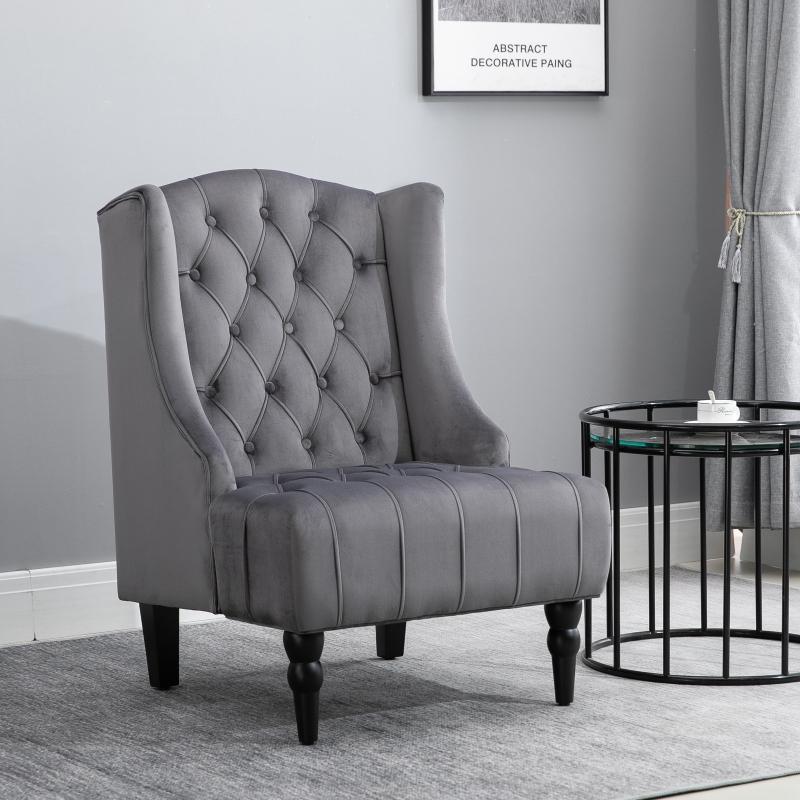 HOMCOM Einzelsessel Ohrensessel Relaxsessel mit Tufting erhöhte Beine Samtstoff Grau 67 x 70,5 x 97 cm
