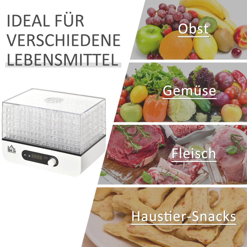 HOMCOM Dehydrator Dörrgerät Dörrautomat mit 5 Einlegefächer Dörrer mit 35-70° Temperaturregler 72 Stunden Timer 400 Watt Fleisch Gemüse Obst Trockner PP PS Weiß 29x19x21,5 cm