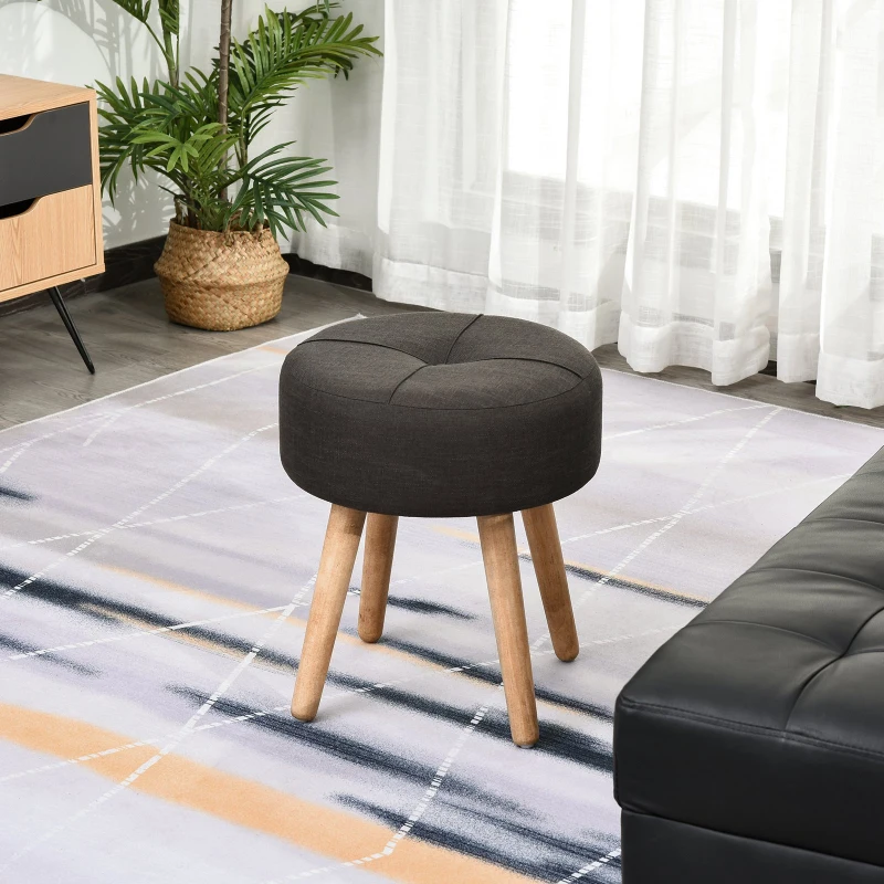 HOMCOM Sitzhocker, Polsterhocker, Fußhocker mit Holzbeine, rund, Kiefer, Leinen, Dunkelgrau, L39,5 x B39,5 x H45 cm