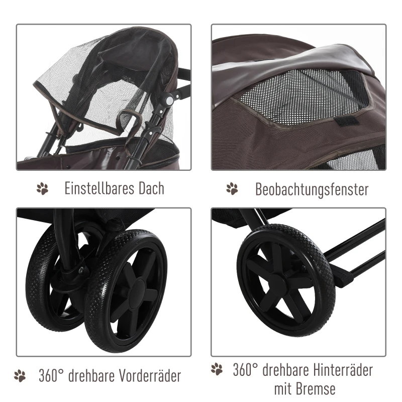 PawHut Hundewagen Hundebuggy Katzenbuggy mit vier Rädern klappbar Hunde Katze Oxford Braun 97 x 62 x 105 cm