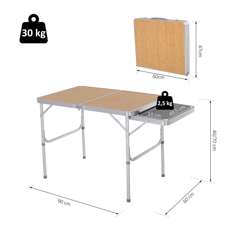 Outsunny Campingtisch höhenverstellbar Klapptisch mit Seittischplatte Klappbar 90 x 60cm Naturholz