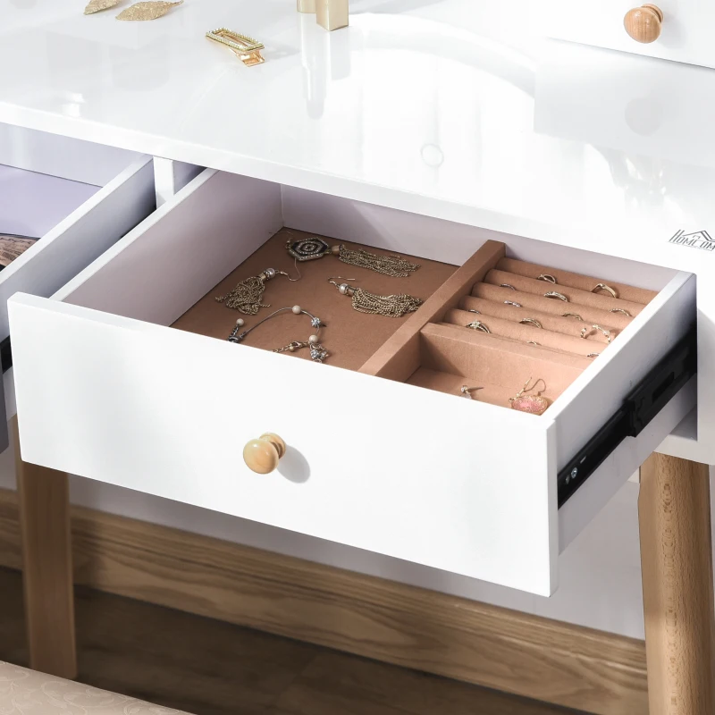 HOMCOM Schminktisch Eitelkeit Set 3 LED Beleuchtungsmodi Frisierkommode Kosmetiktisch mit Spiegel Hocker und 4 Schubladen Ringfächer MDF Stahl Schaumstoff Grau 80 x 40 x 133 cm