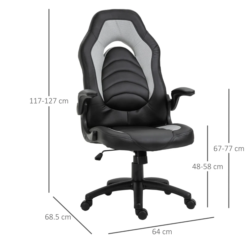 Vinsetto Gamingstuhl mit Wippfunktion höhenverstellbarer Bürostuhl ergonomischer Schreibtischstuhl Home-Office Schaumstoff Kunstleder Nylon Mesh Grau 64 x 68,5 x 117-127 cm