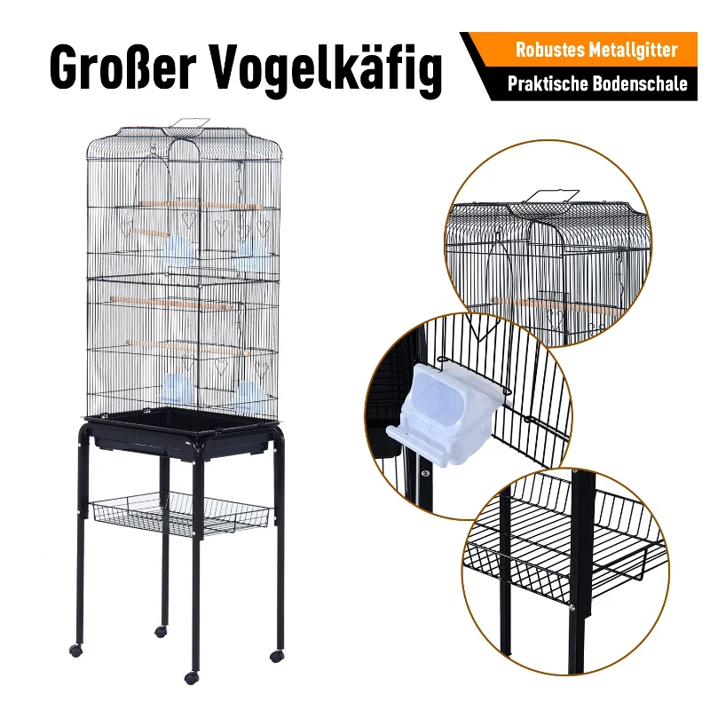 PawHut Vogelkäfig mit Futterbehälter Holzschaukel Voliere mit Türen Holzstangen Vogelbauer mit Aufbewahrungskorb für kleine Vögel Metalldraht Stahlrohr Holz PS Schwarz 46,5 x 36 x 157 cm