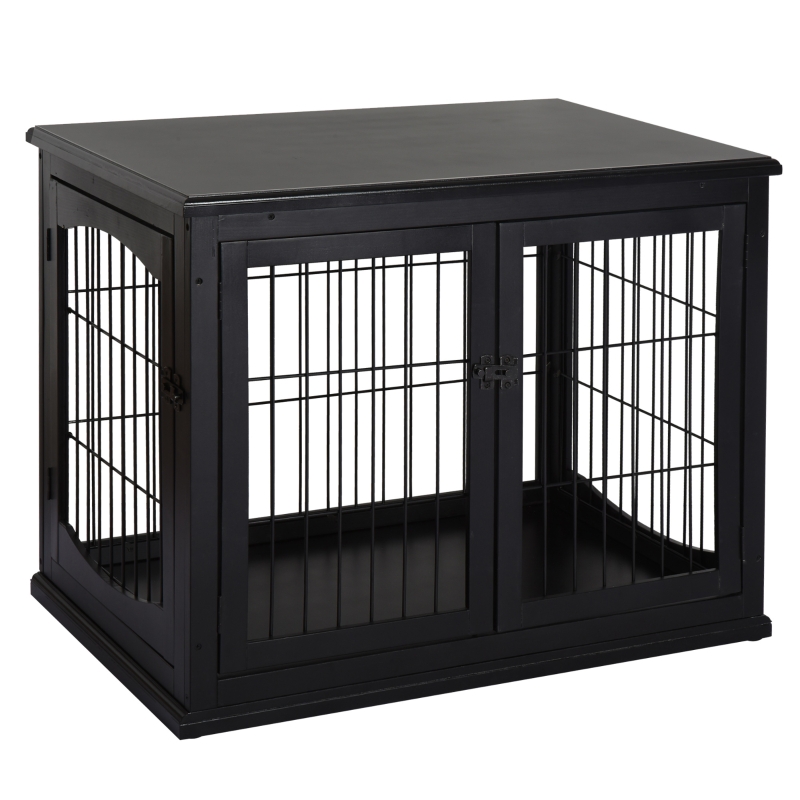 PawHut Jaula para Perros Grande de Madera con Superficie de Mesa 2 Puertas y Rejillas de Metal 58,5x81x66 cm Negro