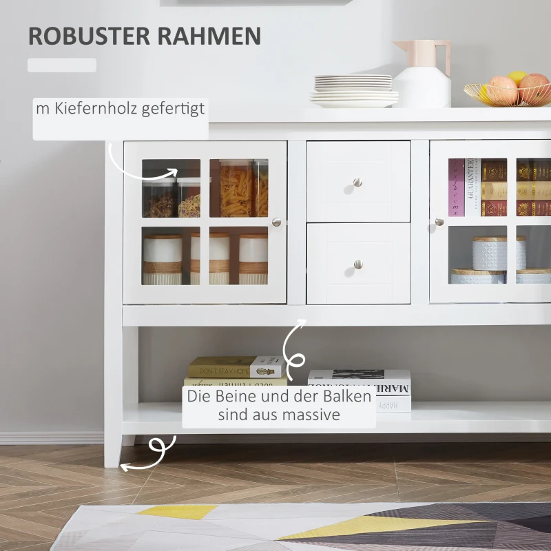 HOMCOM Küchenschrank Sideboard Aufbewahrungsschrank elegant mit zwei Glastürschränke offenes Regal zwei Schubladen Anti-Kipp-Design für Esszimmer Wohnzimmer MDF Kiefernholz Weiß 132 x 38 x 89 cm