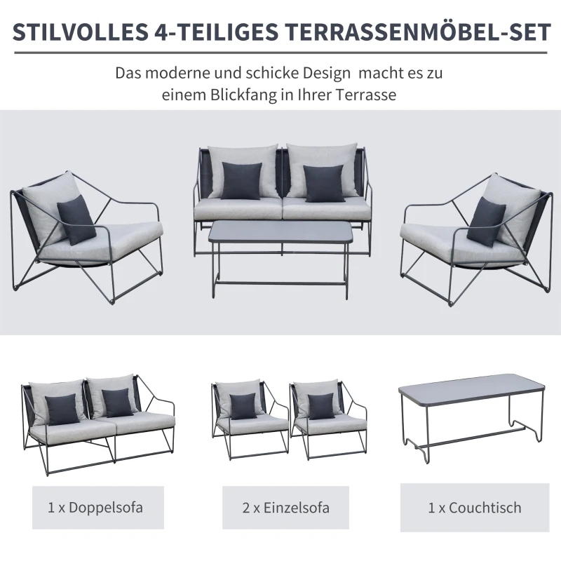 Outsunny Gartengarnitur für 4 Personen Gartenmöbel-Set mit Couchtisch Sofa mit Kissen Outdoor Metall Grau+Schwarz