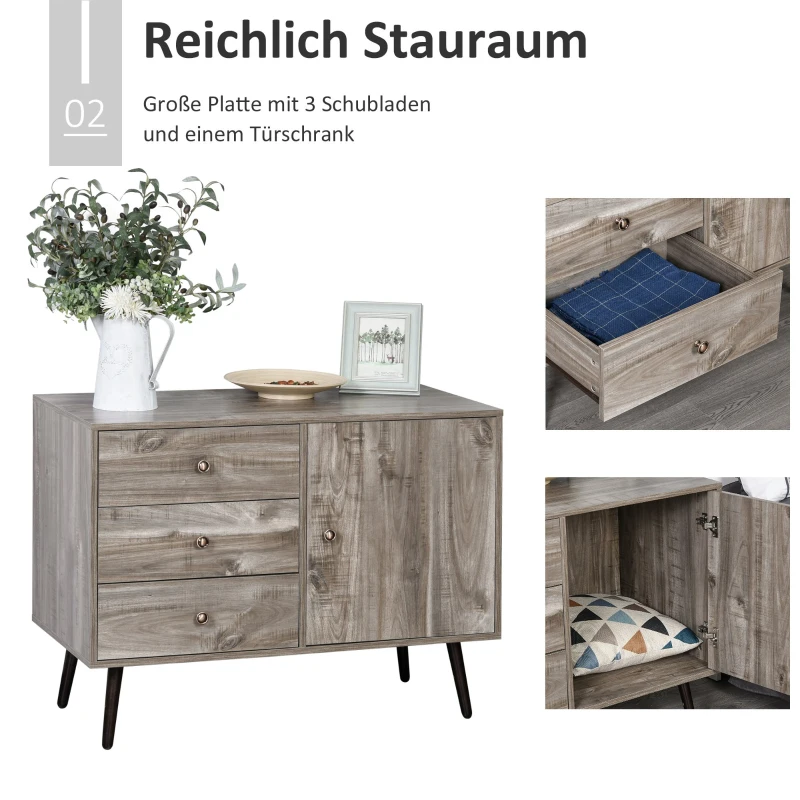 HOMCOM Sideboard Kommode Beistellschrank Bücherschrank Standschrank mit Tür und 3 Schubladen, Kiefer, Graue Holzmaserung, 102 x 50 x 76,5 cm