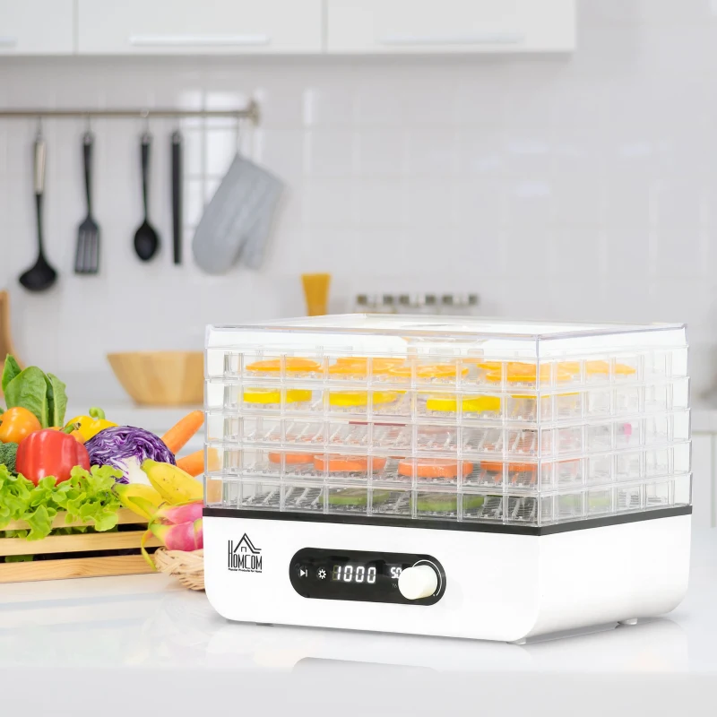 HOMCOM Dehydrator Dörrgerät Dörrautomat mit 5 Einlegefächer Dörrer mit 35-70° Temperaturregler 72 Stunden Timer 400 Watt Fleisch Gemüse Obst Trockner PP PS Weiß 29x19x21,5 cm