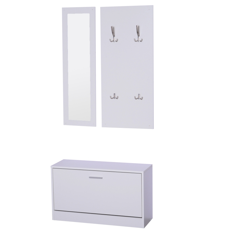 HOMCOM 3-teiliges Garderoben-Set Flurgaderobe mit Schuhschrank Garderobe Wandspiegel 4 Haken Weiß 30 x 100 cm (Spiegel)