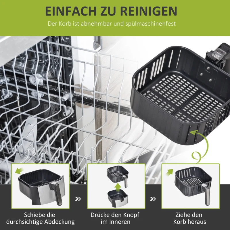 HOMCOM Luftfritteuse Frittierkorb 5L 1700W Heißluftfritteuse zum Frittieren Grillen Braten Backen ohne Fett PP Aluminium Silber+Schwarz 38,5 x 30,7 x 33,1 cm
