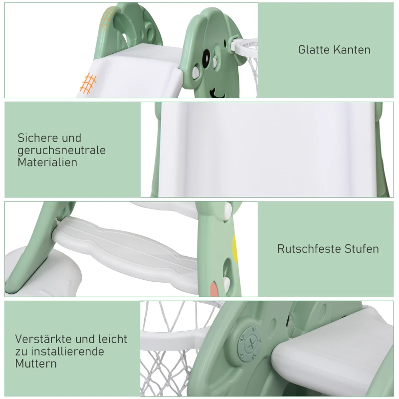 HOMCOM Kinderrutsche Baby Rutsche mit Sicherheitsdreieck-Design Indoor oder Outdoor strukturierten Stufen und seitlichem Basketballkorb Grün+Weiß 146 x 68 x 68 cm