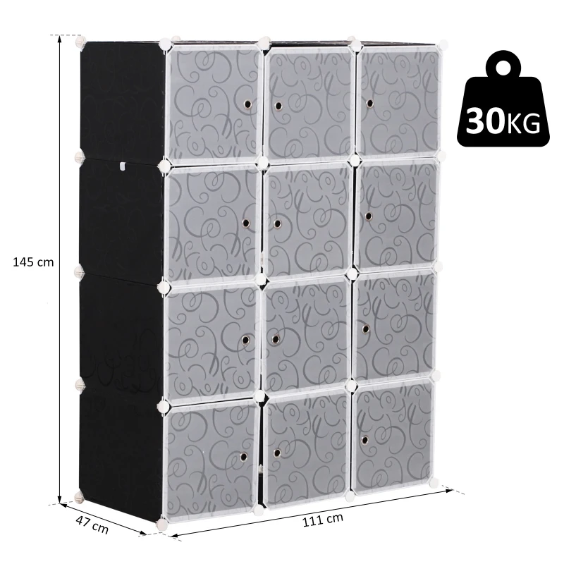 HOMCOM® SZAFA NA UBRANIA GARDEROBA PÓŁKI Z WIESZAKIEM 2+6 KOSTEK Z PP czarny+biały 111x47x145 cm