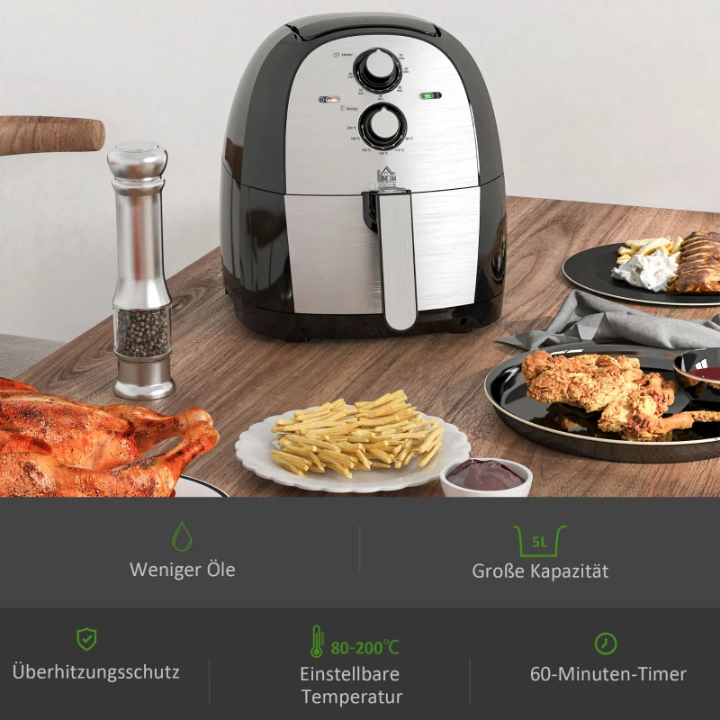 HOMCOM Luftfritteuse Frittierkorb 5L 1700W Heißluftfritteuse zum Frittieren Grillen Braten Backen ohne Fett PP Aluminium Silber+Schwarz 38,5 x 30,7 x 33,1 cm