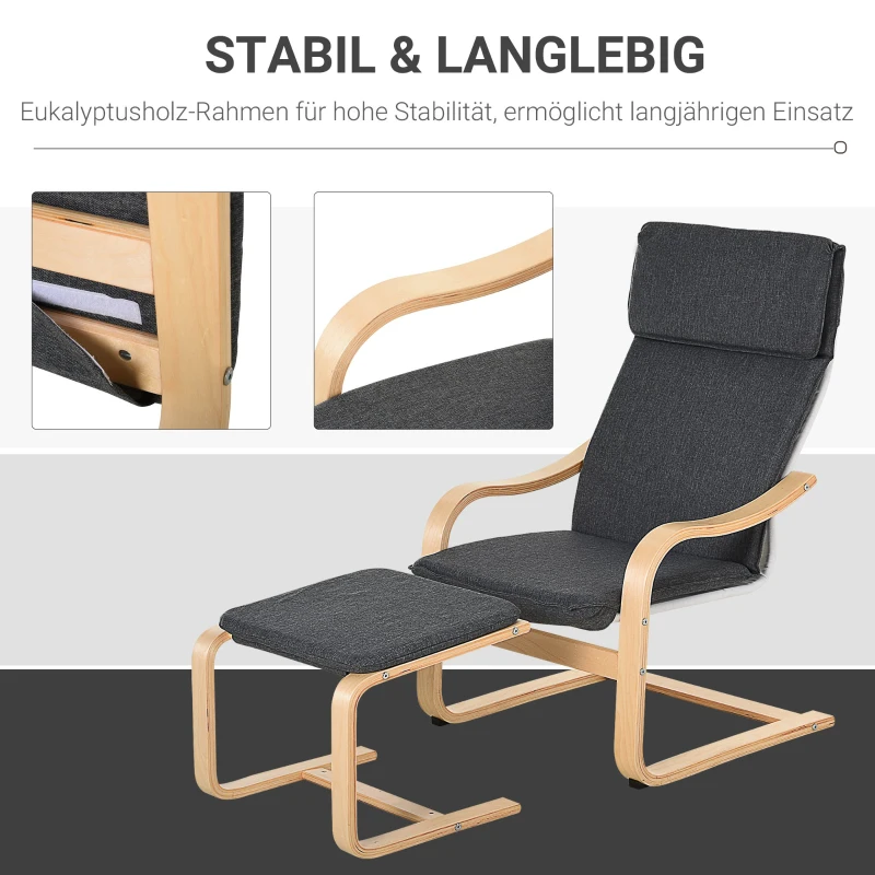 HOMCOM Relaxsessel mit Fußhocker, Ruhesessel mit Armlehne, Relaxstuhl, Leinenbezug Holzgestell Grau 67 x 78 x 98 cm