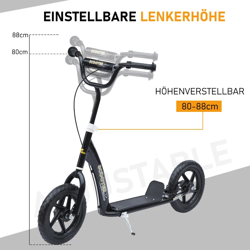 HOMCOM Kinderroller Scooter Tretroller Cityroller Kinder Roller Kickboard 12 Zoll Schwarz 120 x 52 x 80-88 cm