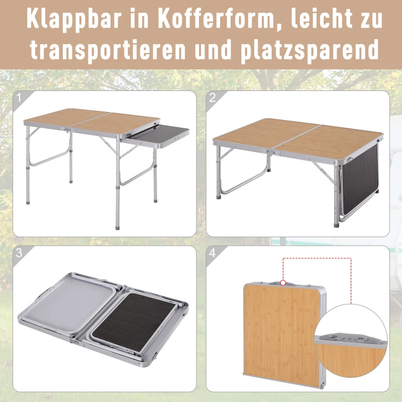 Outsunny Campingtisch höhenverstellbar Klapptisch mit Seittischplatte Klappbar 90 x 60cm Naturholz
