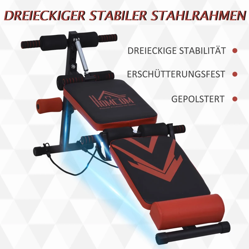 HOMCOM Sit Up Bank Bauchtrainer mit Trainingsseile Trainingsbank Multifunktion Verstellbar&klappbar 120 kg Belastbarkeit Stahl Schwarz+Rot 135 x 48 x 68 cm