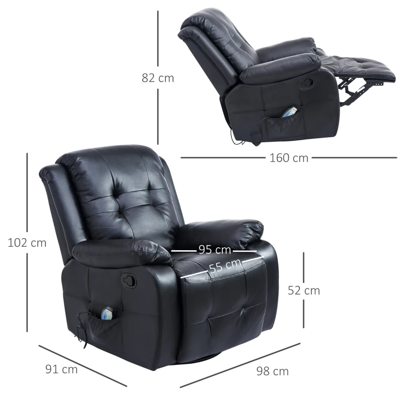 HOMCOM Massagesessel mit Wärmefunktion Fernsehsessel Elektrisch Relaxsessel TV Sessel mit Liegefunktion (Kunstleder Schwarz)